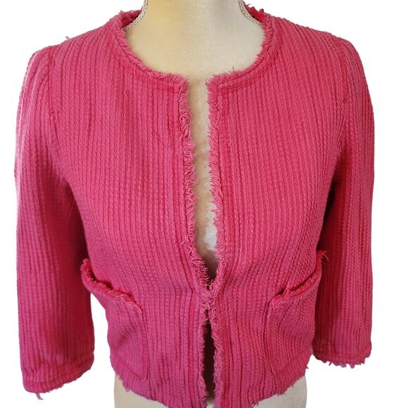 ZARA Basic Barbie Core Pink Ribbed Frayed Hems Shacket Blazer Size Medium - Picture 2 of 5